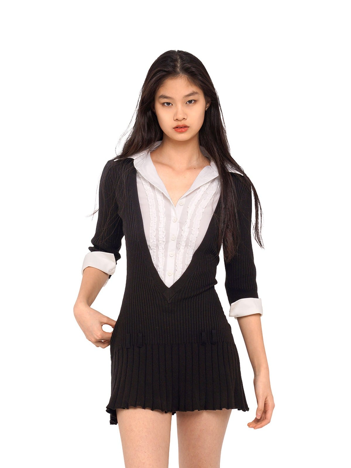 SweetChilling Layered V Neck Pleated Mini Dress in Black - On Female Model