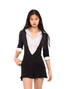 SweetChilling Layered V Neck Pleated Mini Dress in Black - On Female Model