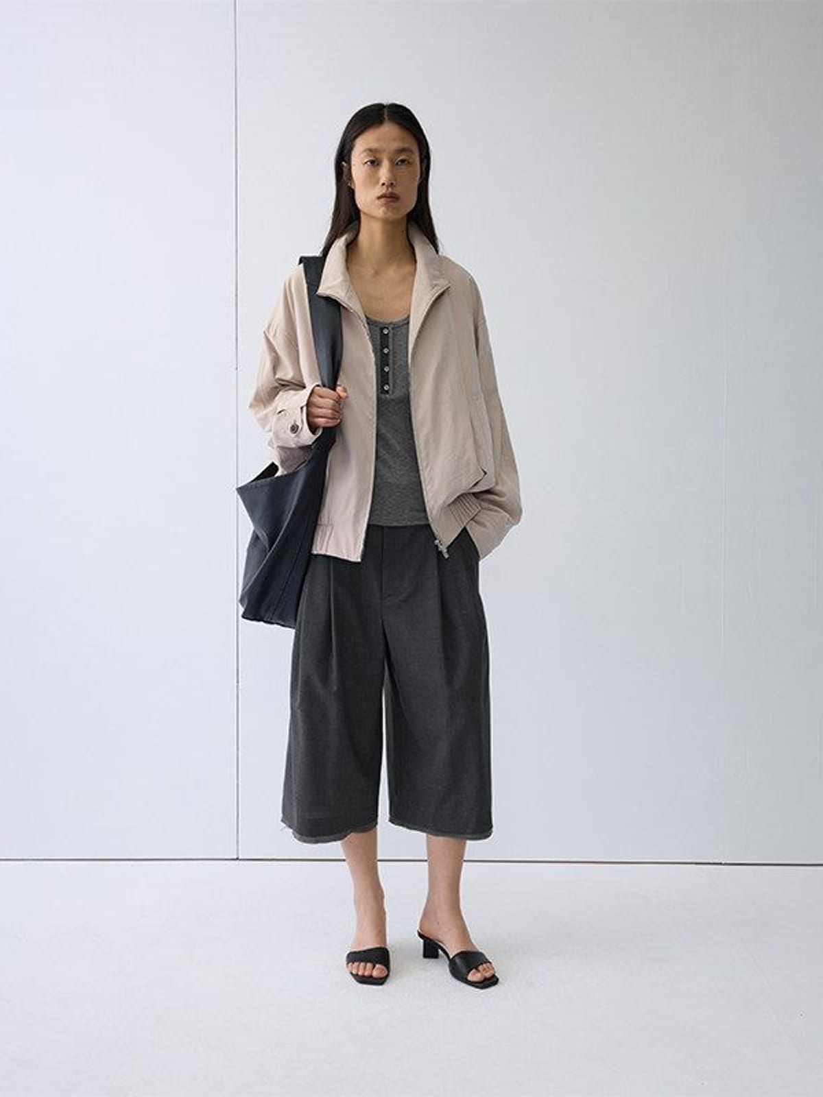 Random Piece Nylon Blend Zip Up Cropped Jacket in Beige - On Female Model