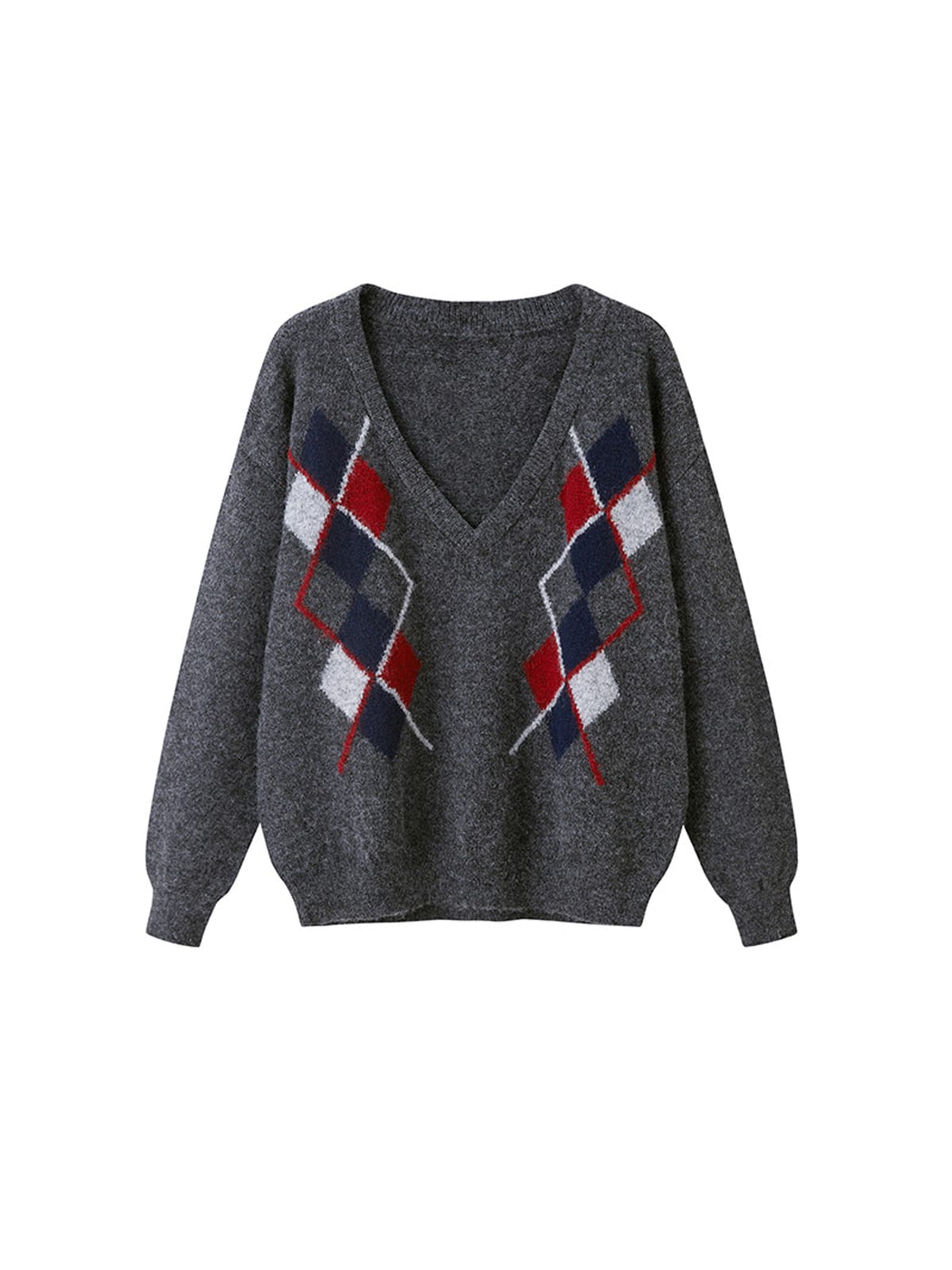 SweetChilling Argyle Jacquard V Neck Sweater in Gray