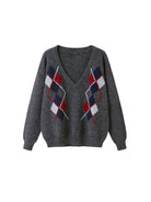SweetChilling Argyle Jacquard V Neck Sweater in Gray