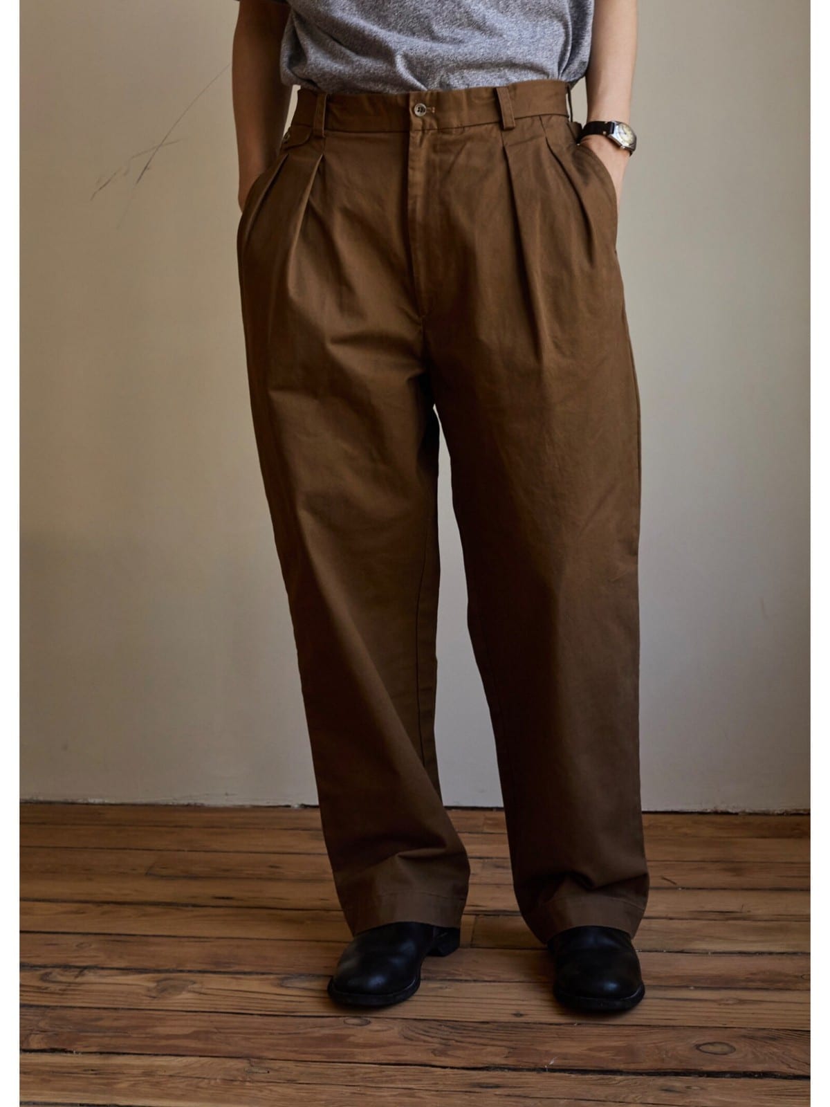 USAGE Pleated Cotton Twill Chinos in Beige - On Model