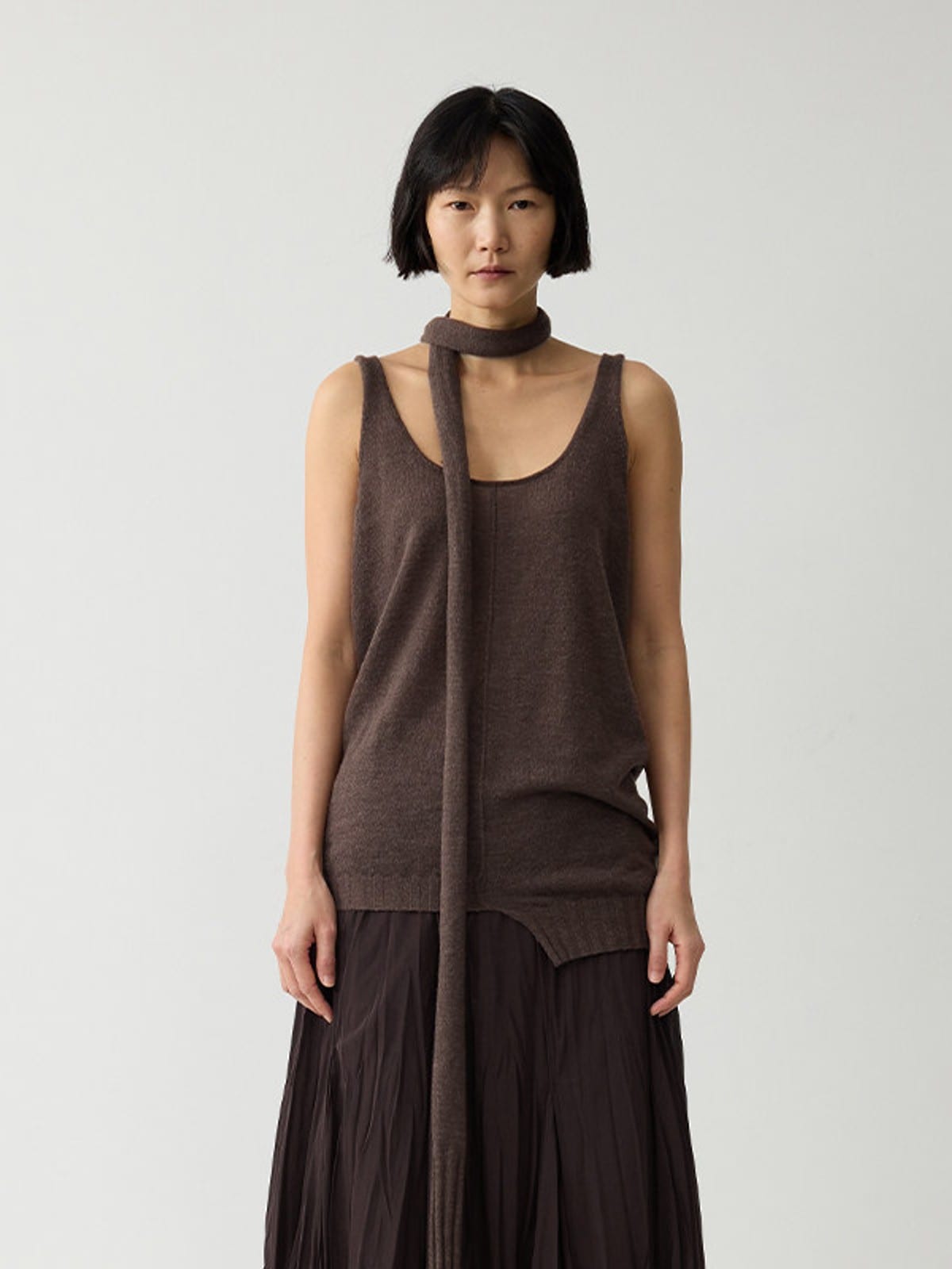 Random Piece Alpaca Blend Scarf Tie Knit Vest in Brown - On Female Model