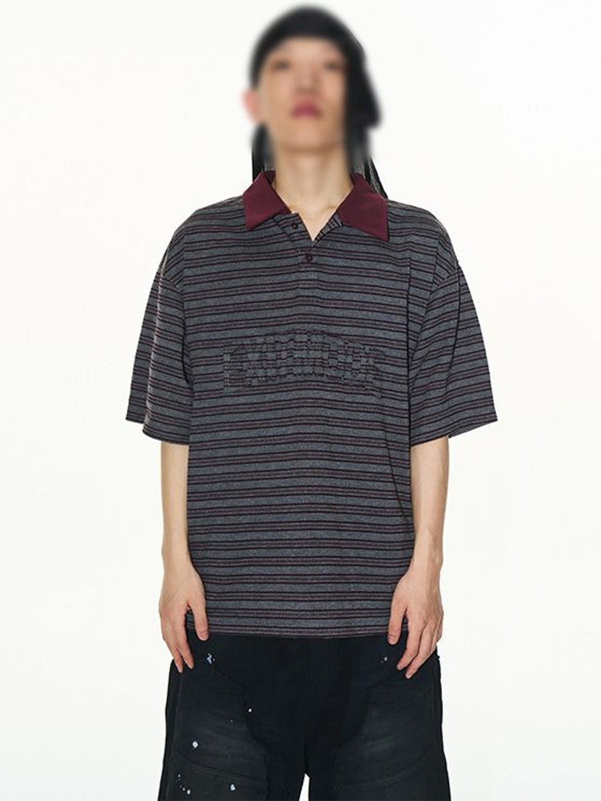 BLINDNOPLAN Striped Raw Edge Appliqu Polo in Gray - On Male Model