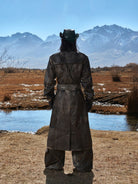 PERSONSOUL Distressed Calfskin Leather Trench Coat in Black - On Model