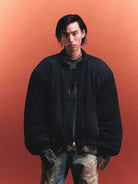 D5ove Oversized Padded Shoulder Cotton Jacket in Black - On Male Model