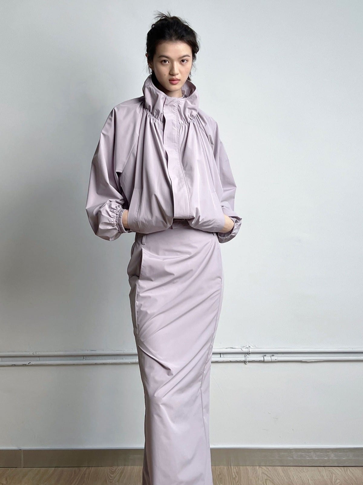RARELY ALIKE Adjustable Collar Balloon Sports Jacket in Lavender - On Female Model