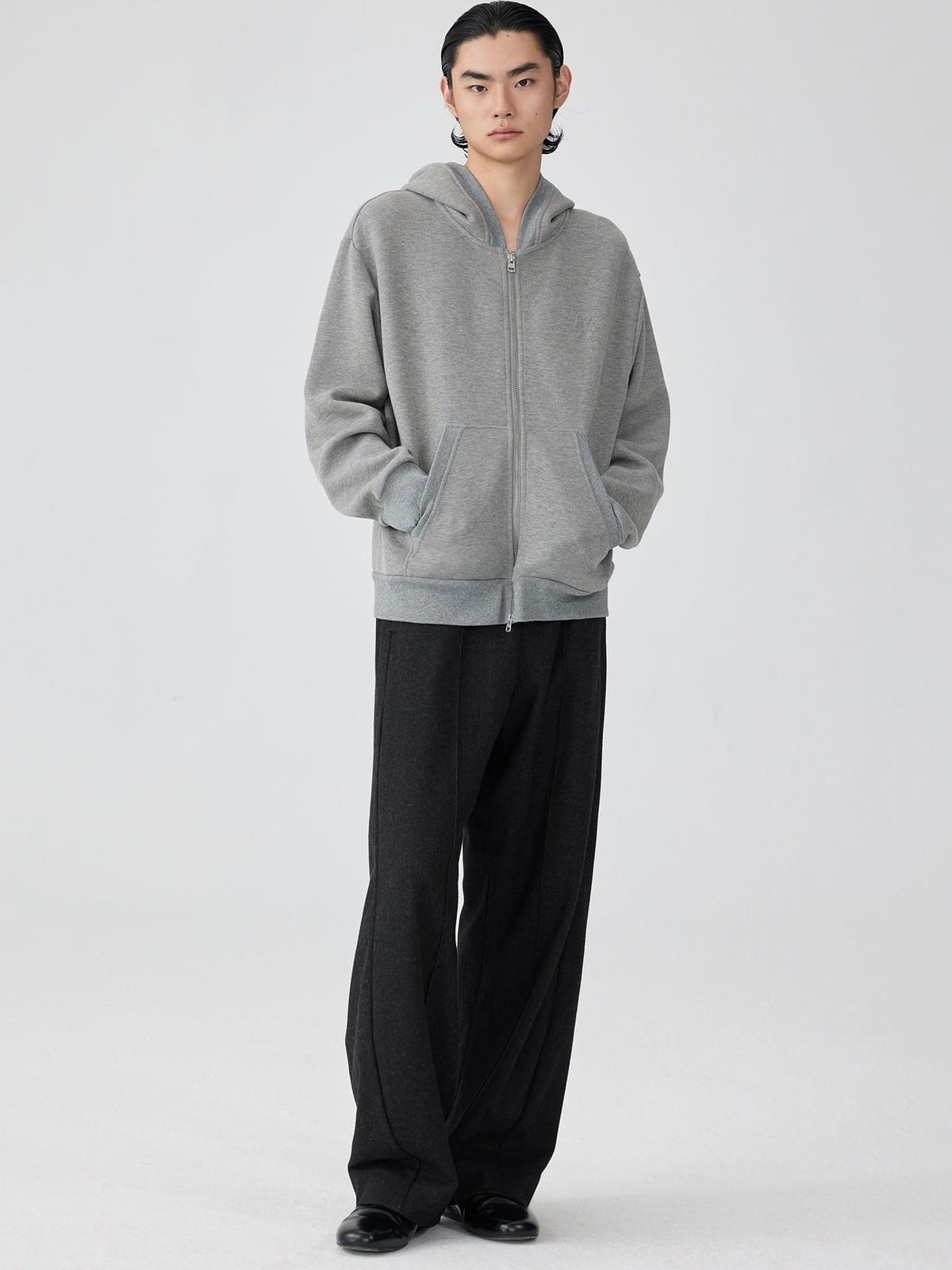 SIMPLE PROJECT Cotton Blend Zip Up Hoodie in Gray - On Male Model