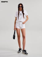 SMFK Washed Cross Graphic Cotton T Shirt in White - On Female Model