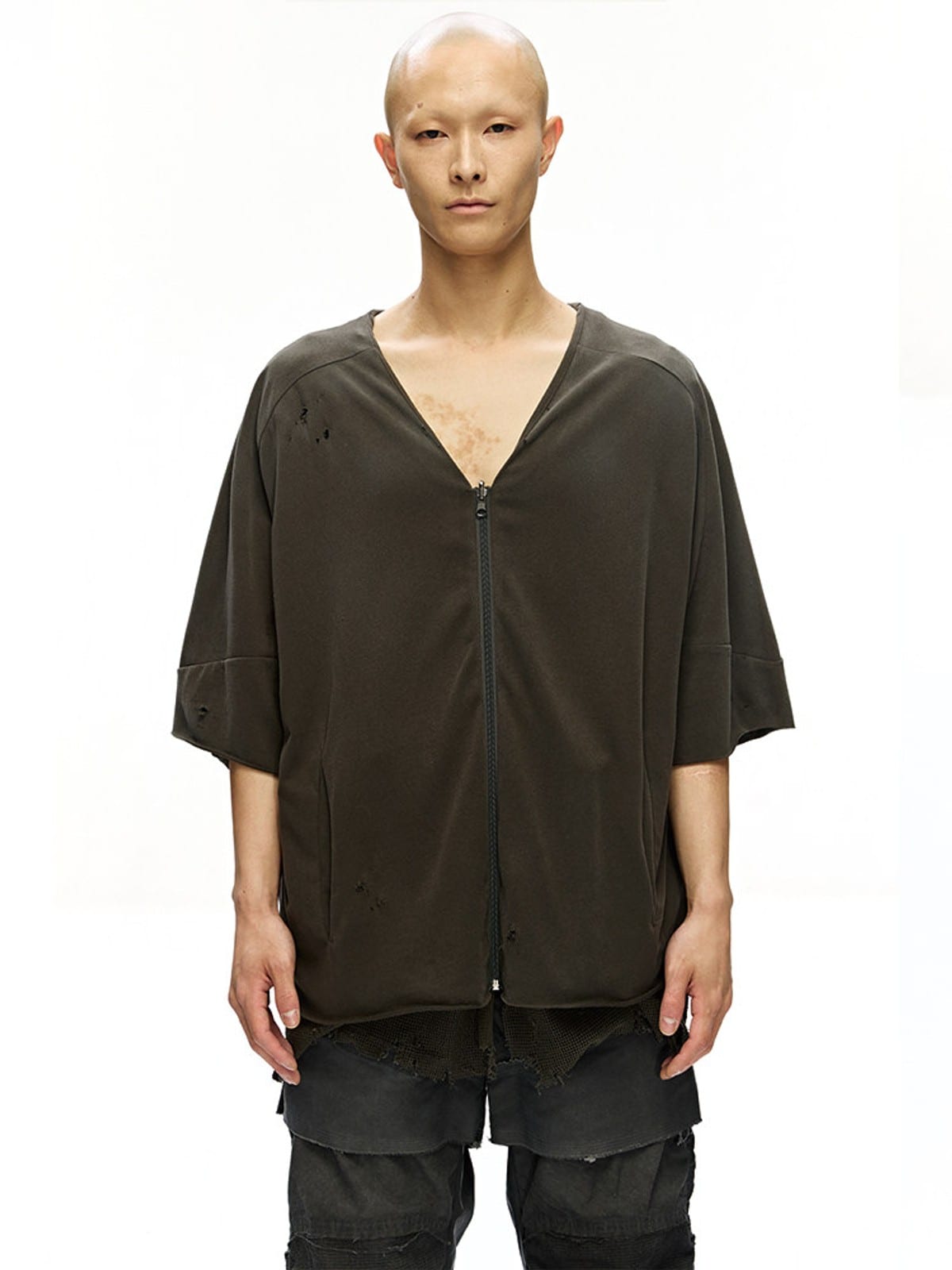 D5ove Reversible Mesh Paneled Distressed Cardigan in Army Green - On Male Model