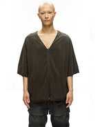 D5ove Reversible Mesh Paneled Distressed Cardigan in Army Green - On Male Model