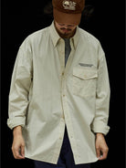 USAGE Oversized Micro Check Button Down Shirt in Cream - On Male Model