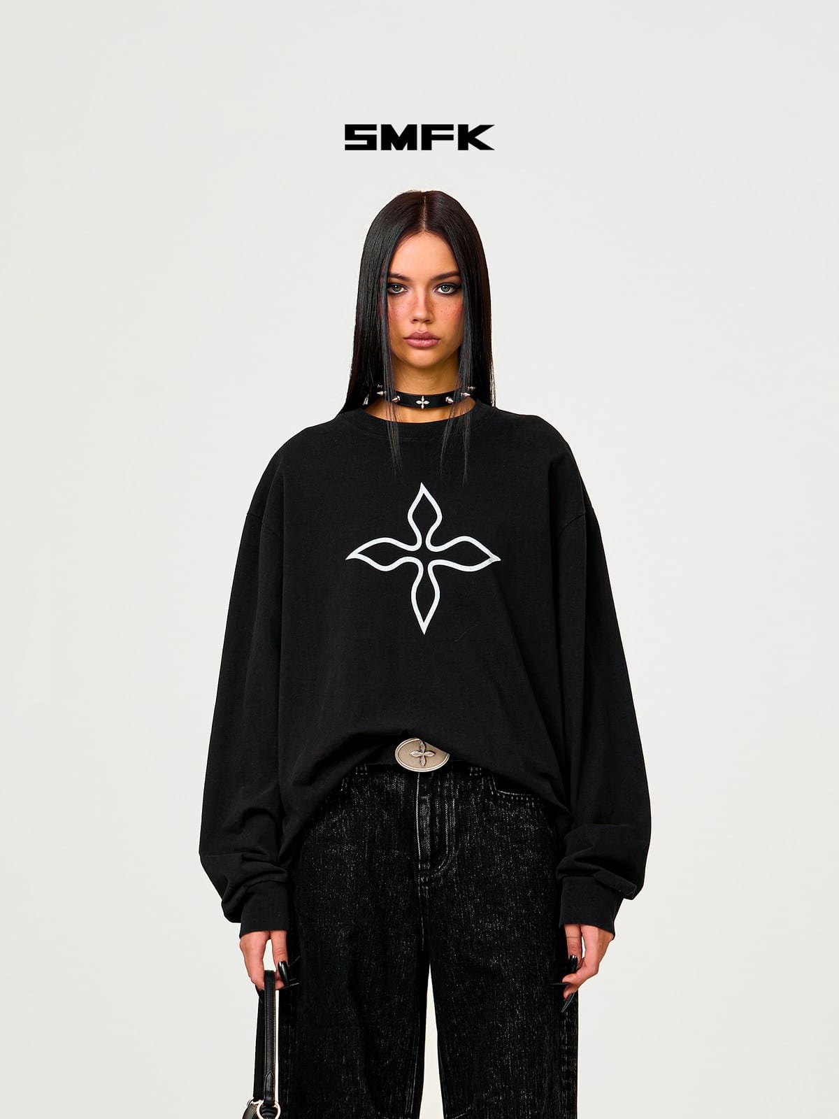 SMFK Cross Print Cotton Sweatshirt in Black - On Female Model