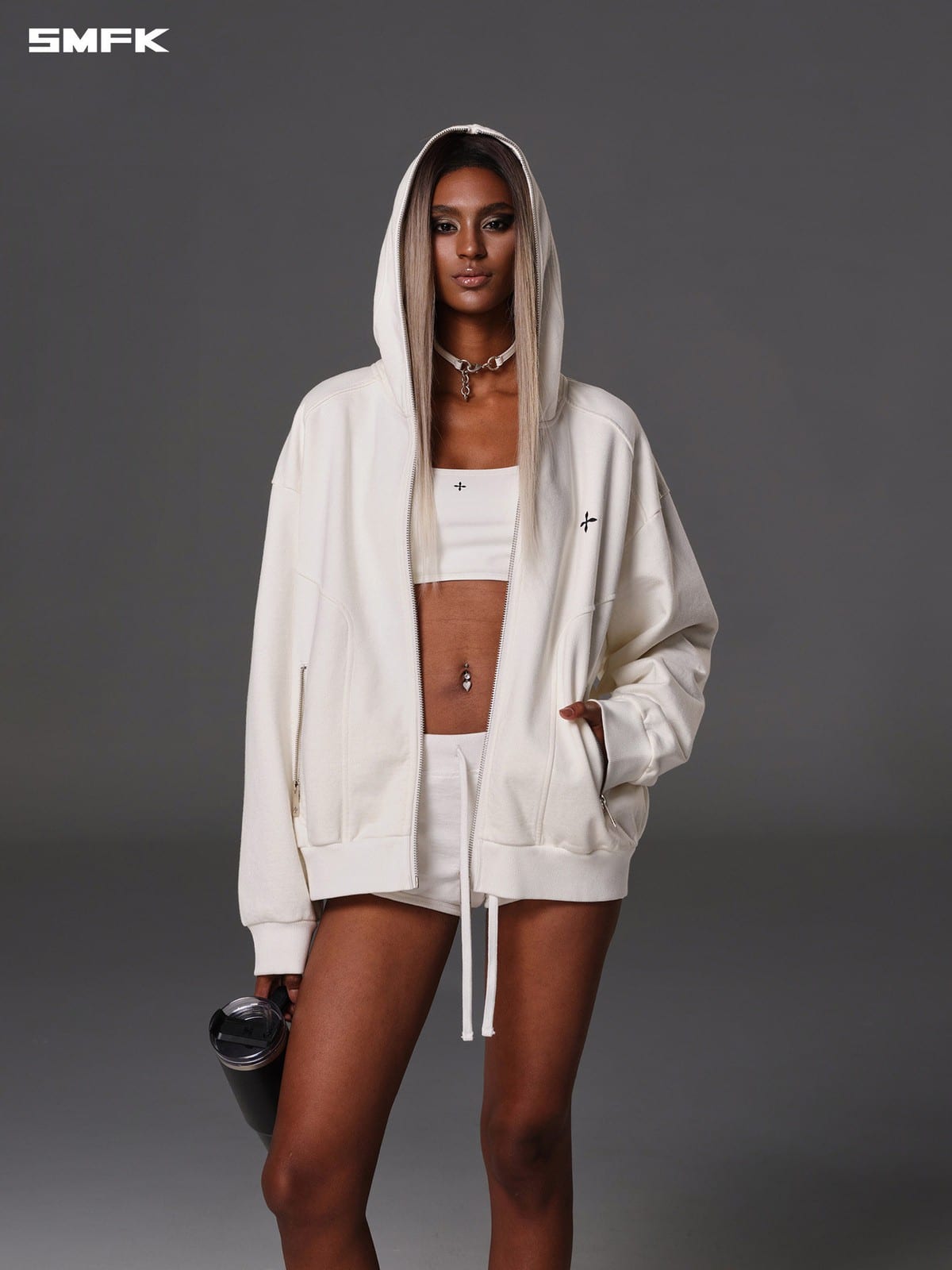 SMFK Oversized Cotton Wool Zip Up Hoodie in White - On Female Model