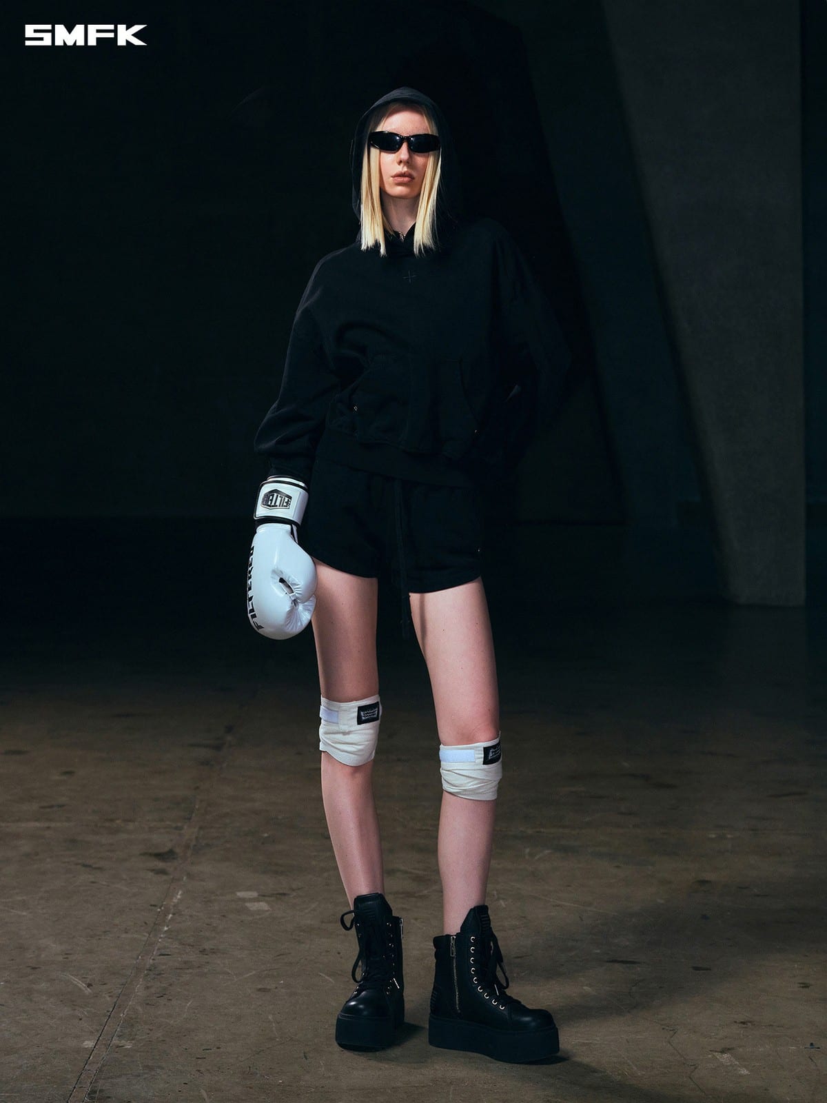 SMFK Meditation Cropped Cotton Hoodie in Black - On Female Model