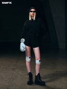 SMFK Meditation Cropped Cotton Hoodie in Black - On Female Model