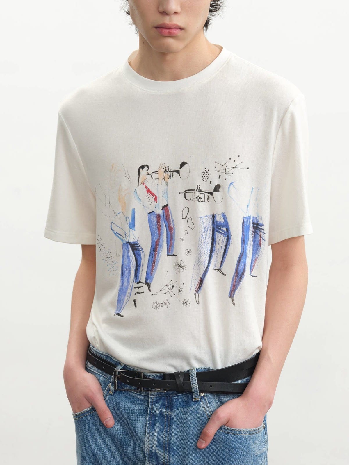 JCAESAR STUDIO Symphony Print Tencel Wool T Shirt in White - On Male Model