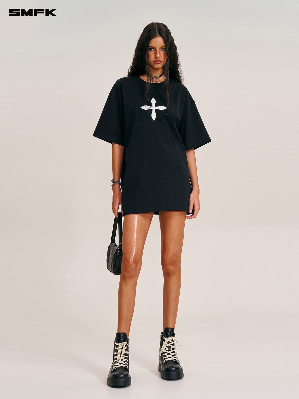 SMFK Cross Graphic 100 Cotton T Shirt in Black - On Female Model