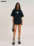 SMFK Cross Graphic 100 Cotton T Shirt in Black - On Female Model
