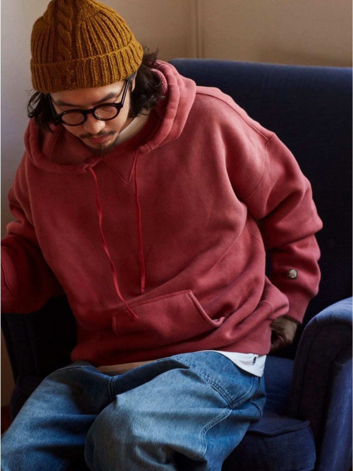 USAGE Faded Vintage Wash Hoodie in Red - On Male Model