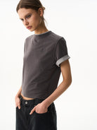 BLINDNOPLAN Embroidered Mock Two Piece T Shirt in Gray - On Female Model