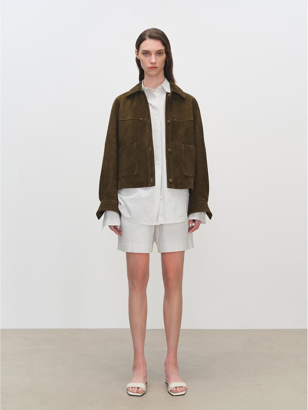 MSBEAST Cropped Suede Goatskin Jacket in Brown - On Female Model