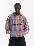 BLINDNOPLAN Paneled Plaid Pullover Hoodie in Blue - On Male Model