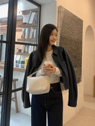 MSBEAST Cropped Sheepskin Leather Shirt Jacket in Black - On Female Model
