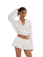 SweetChilling Ruffled Drawstring Mini Skirt in White - On Female Model