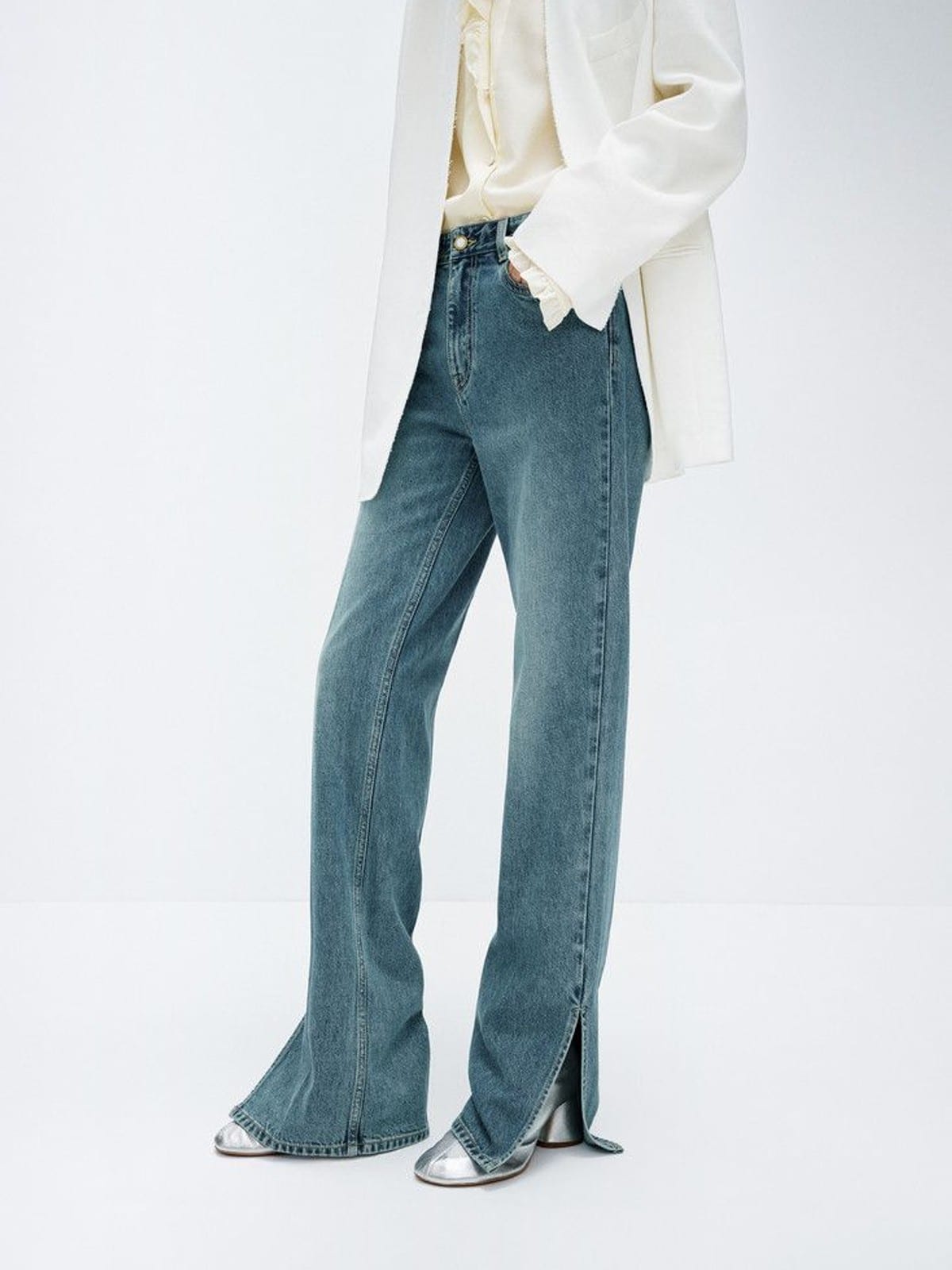 EDITION Silk Blend Split Hem Flared Jeans in Denim - On Female Model