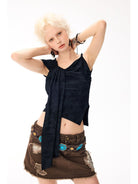 BeerBro Asymmetric Tie Front Off Shoulder Top in Black - On Female Model