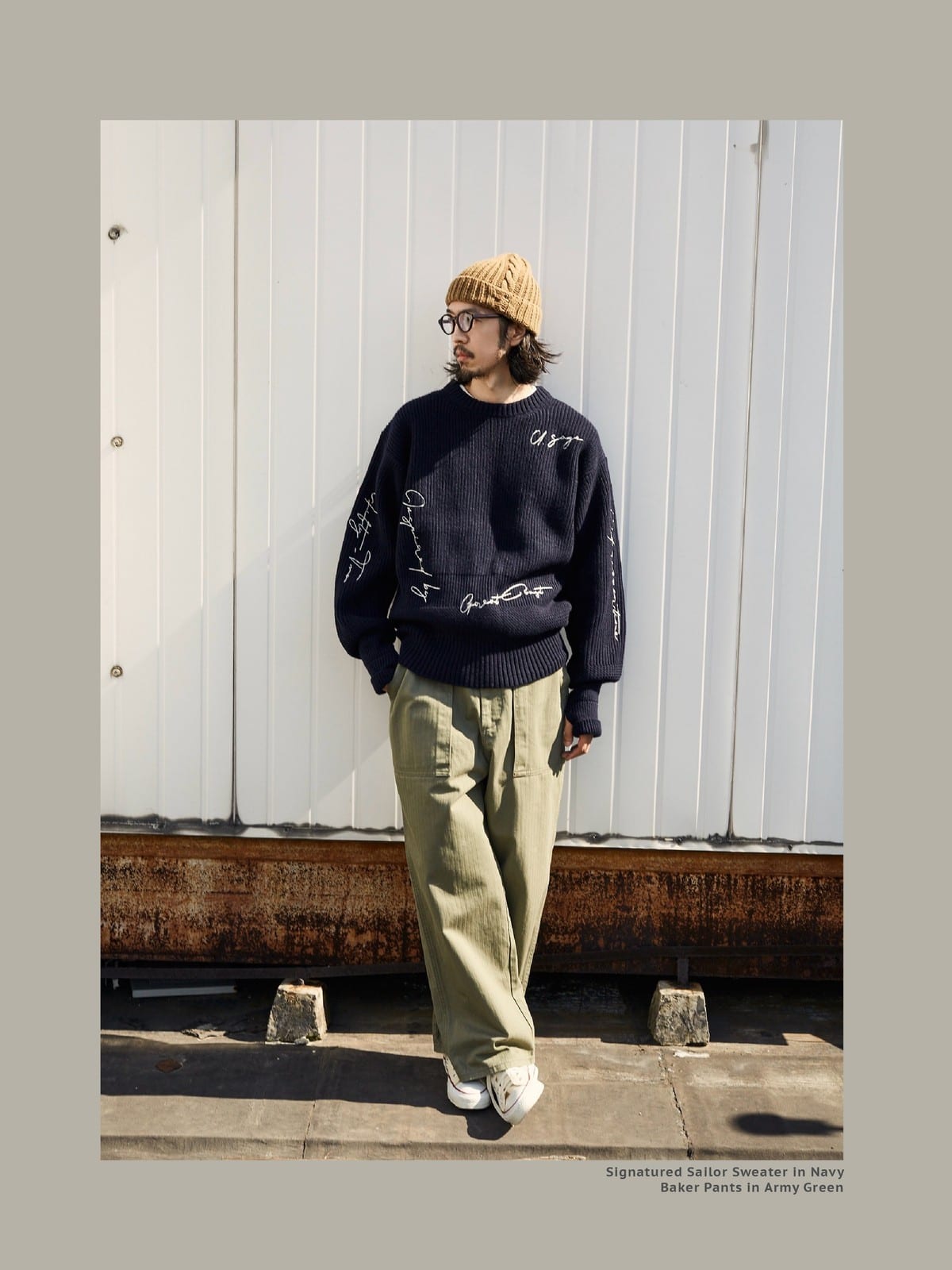 USAGE Heavyweight Herringbone Baker Pants in Olive - On Male Model