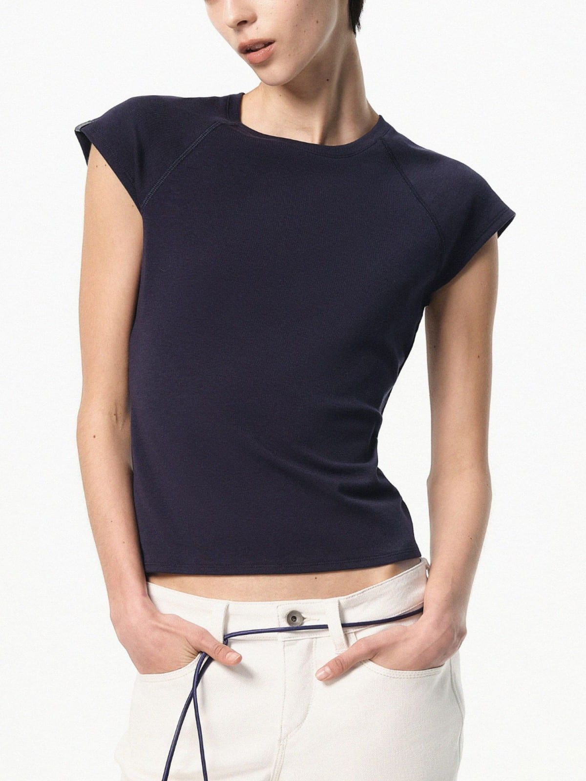 RARELY ALIKE Raglan Cap Sleeve T Shirt in Navy Blue - On Female Model