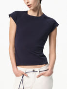 RARELY ALIKE Raglan Cap Sleeve T Shirt in Navy Blue - On Female Model