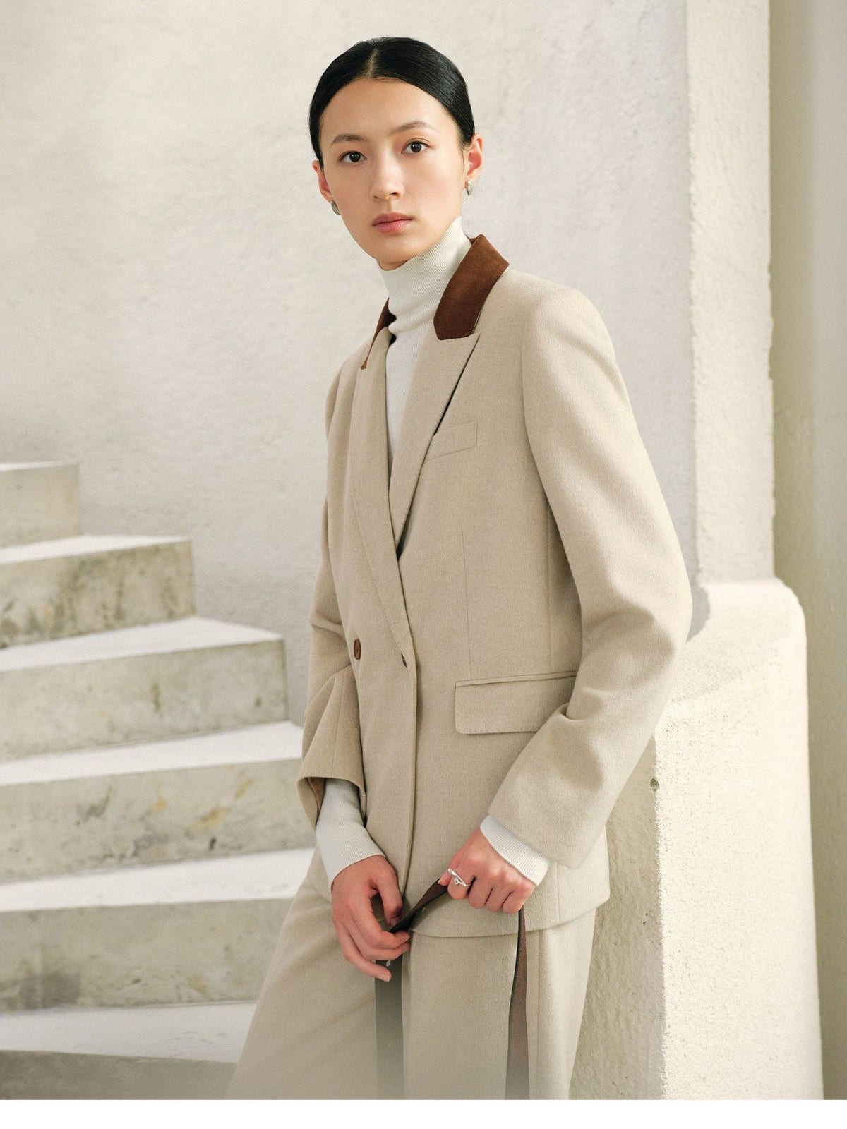TEASEL Silk Camel Hair Color Block Blazer in Beige - On Female Model