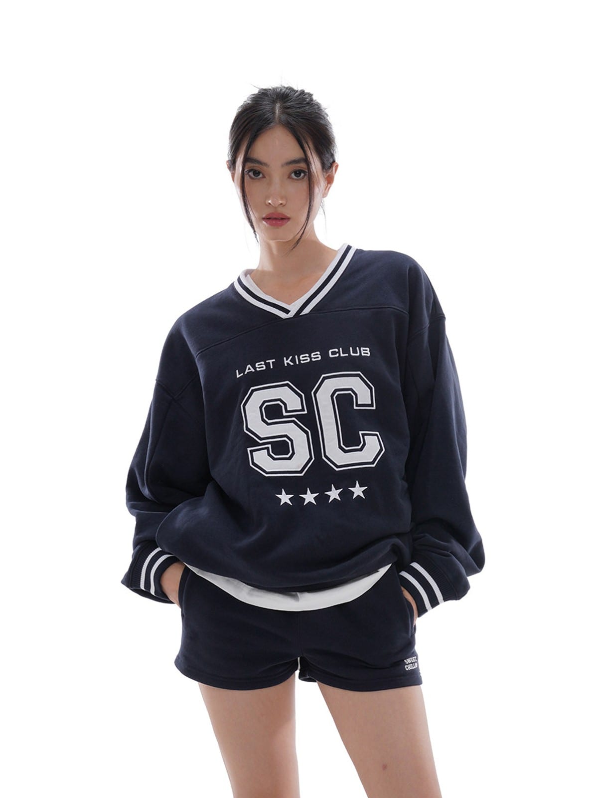 SweetChilling Logo Detail Athletic Sweatshorts in Navy Blue - On Female Model