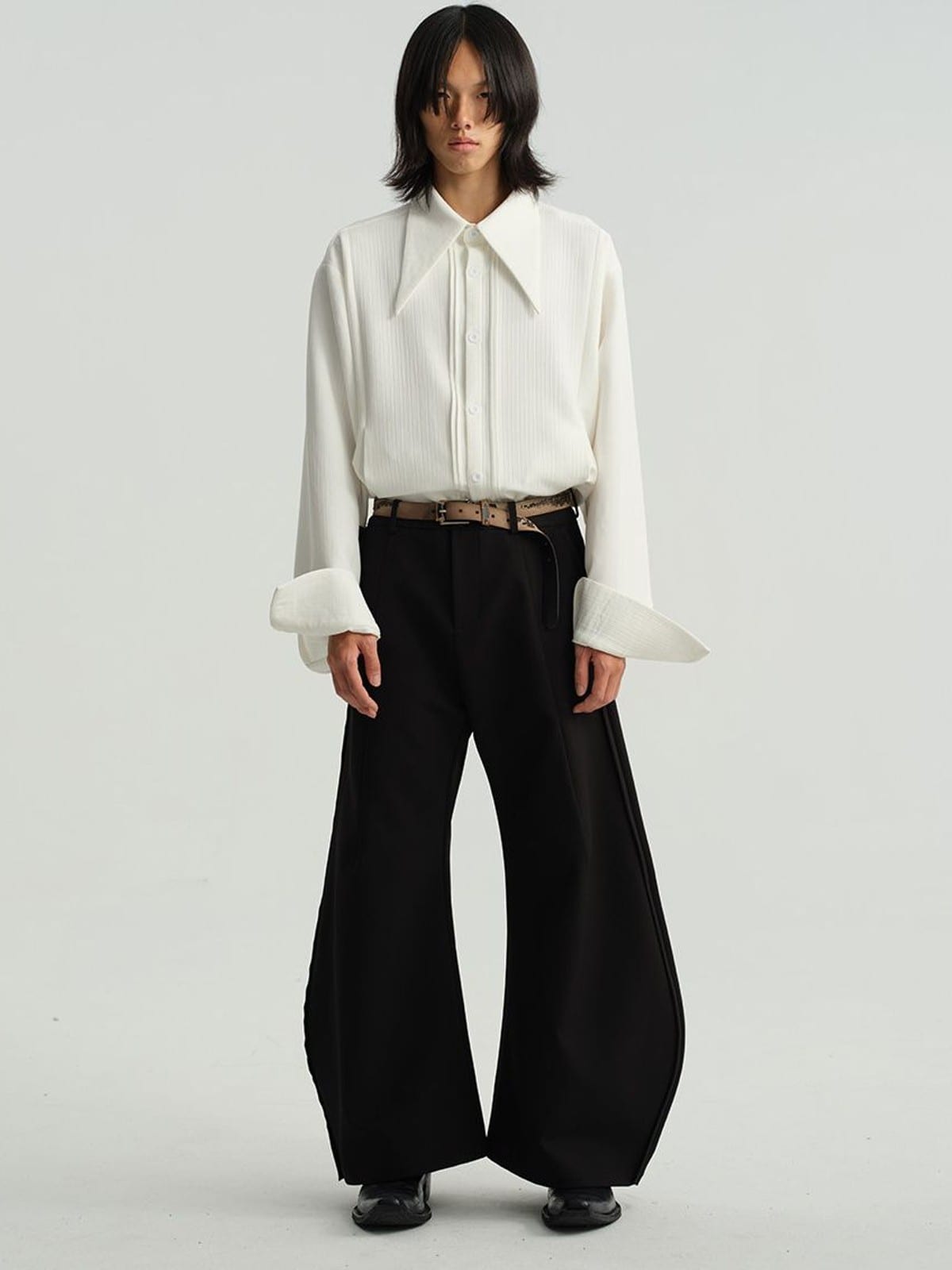 JCAESAR STUDIO Striped Pleated Pointed Collar Shirt in White - On Male Model