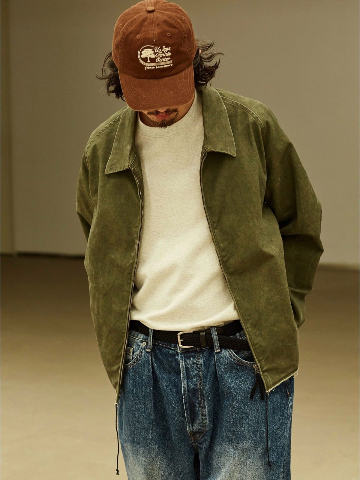 USAGE Vintage Washed Cotton Sports Jacket in Olive - On Male Model