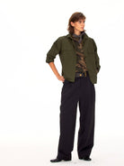 FaxCopyExpress Cotton Safari Button Down in Olive - On Female Model