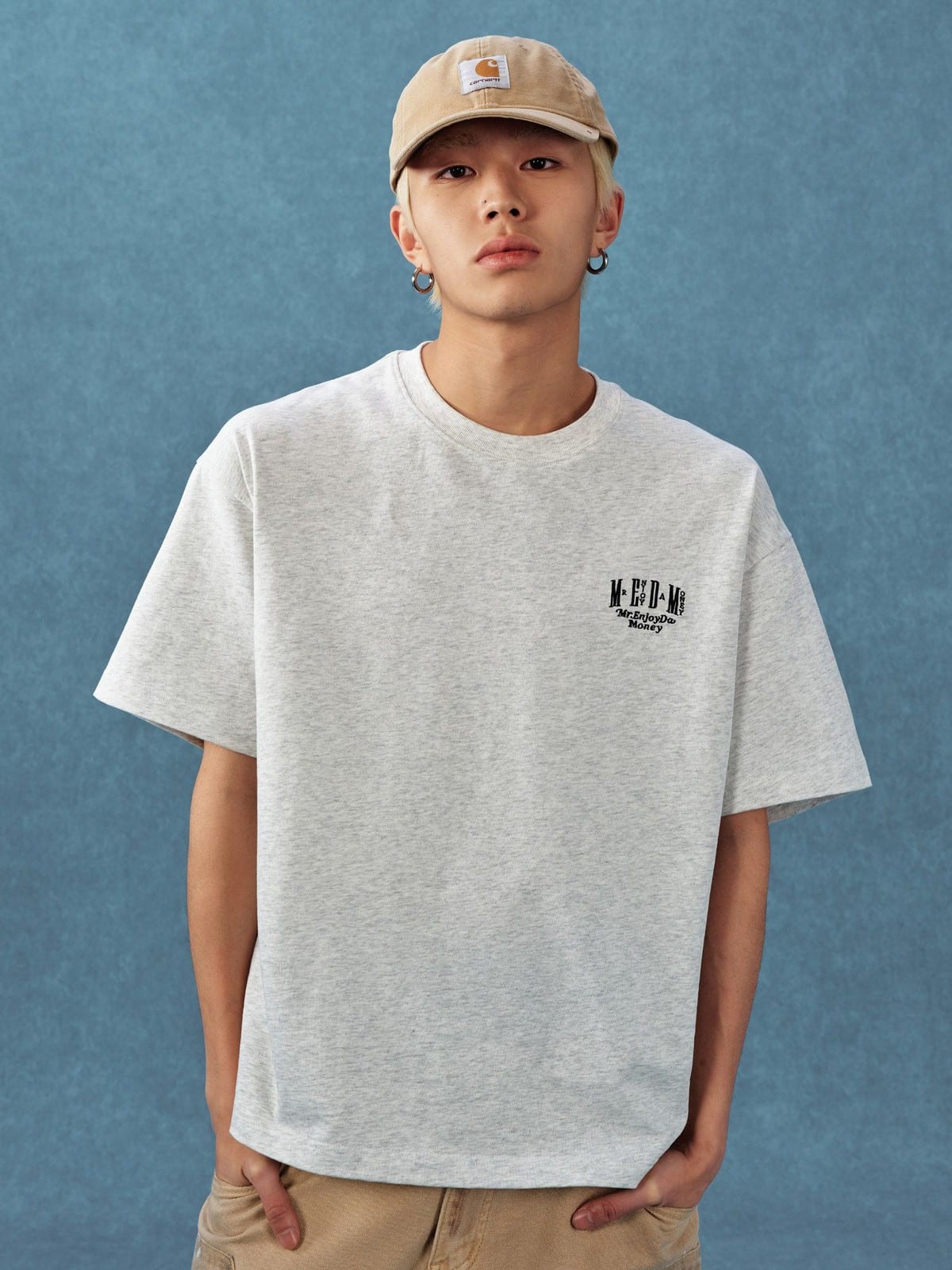 MEDM Letter Embroidery Cotton T Shirt in Gray - On Male Model