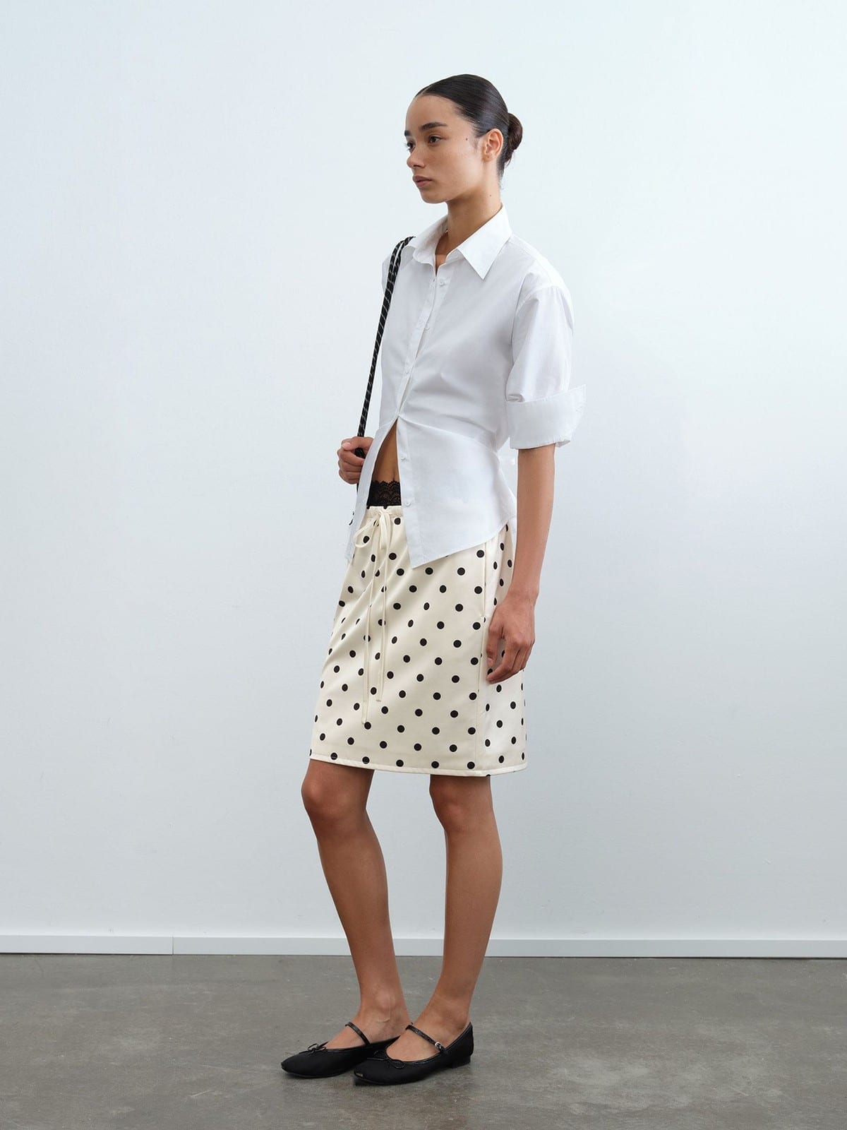RARELY ALIKE Two Way Tie Waist Cotton Shirt in White - On Female Model