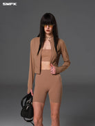 SMFK Cropped Stretch Nylon Track Jacket in Brown - On Female Model