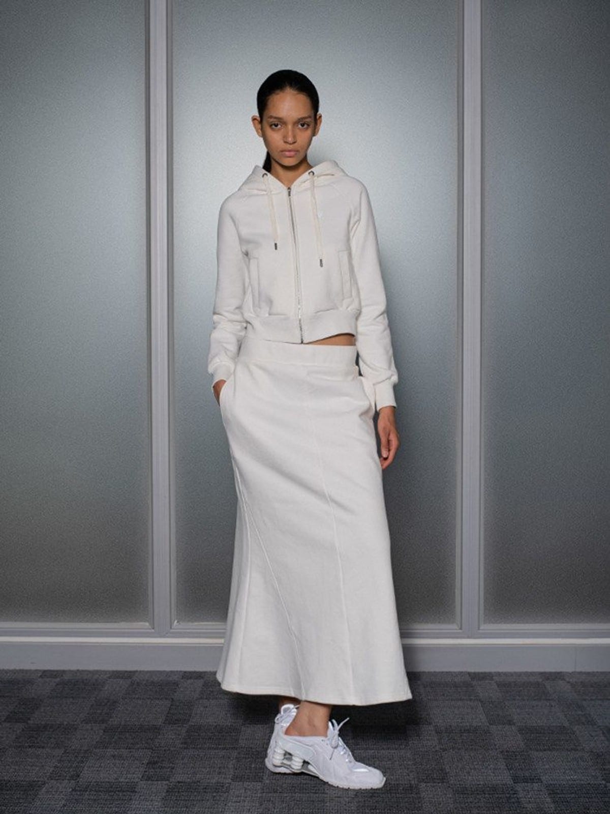 RARELY ALIKE Cotton Hoodie Fishtail Skirt Set in White - On Female Model