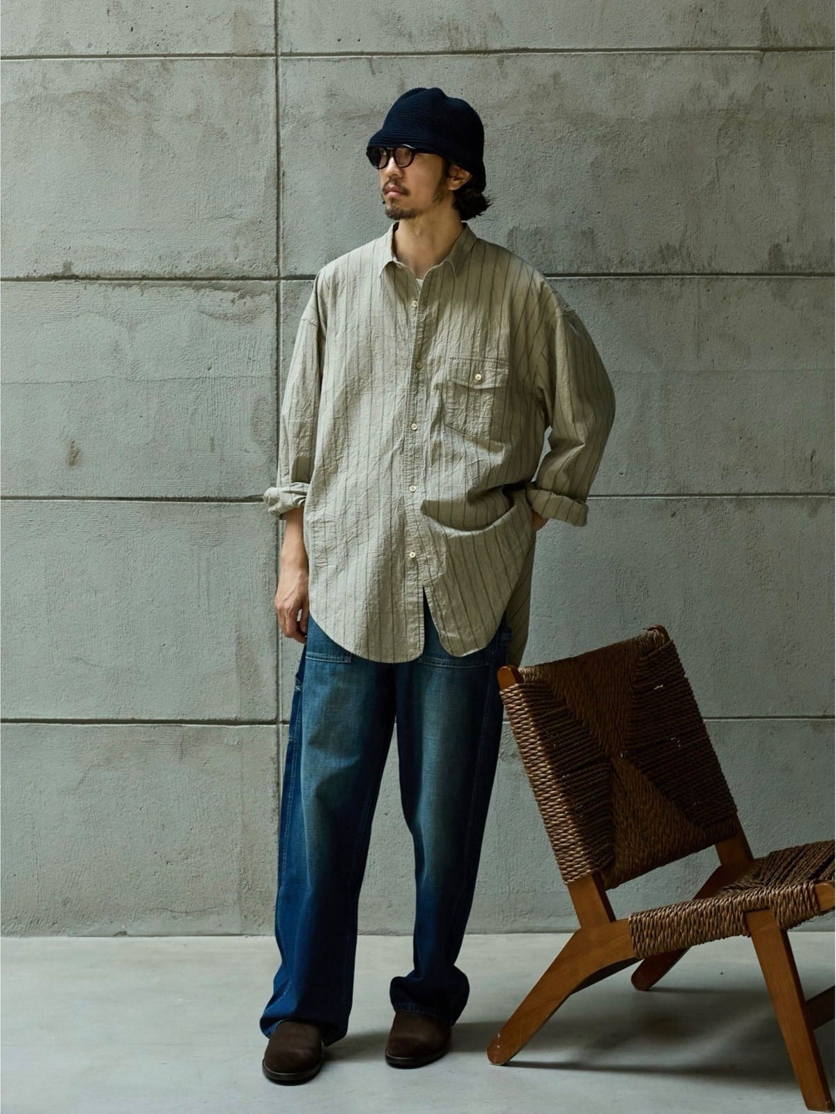 USAGE Crinkled Cotton Striped Button Down in Beige - On Male Model