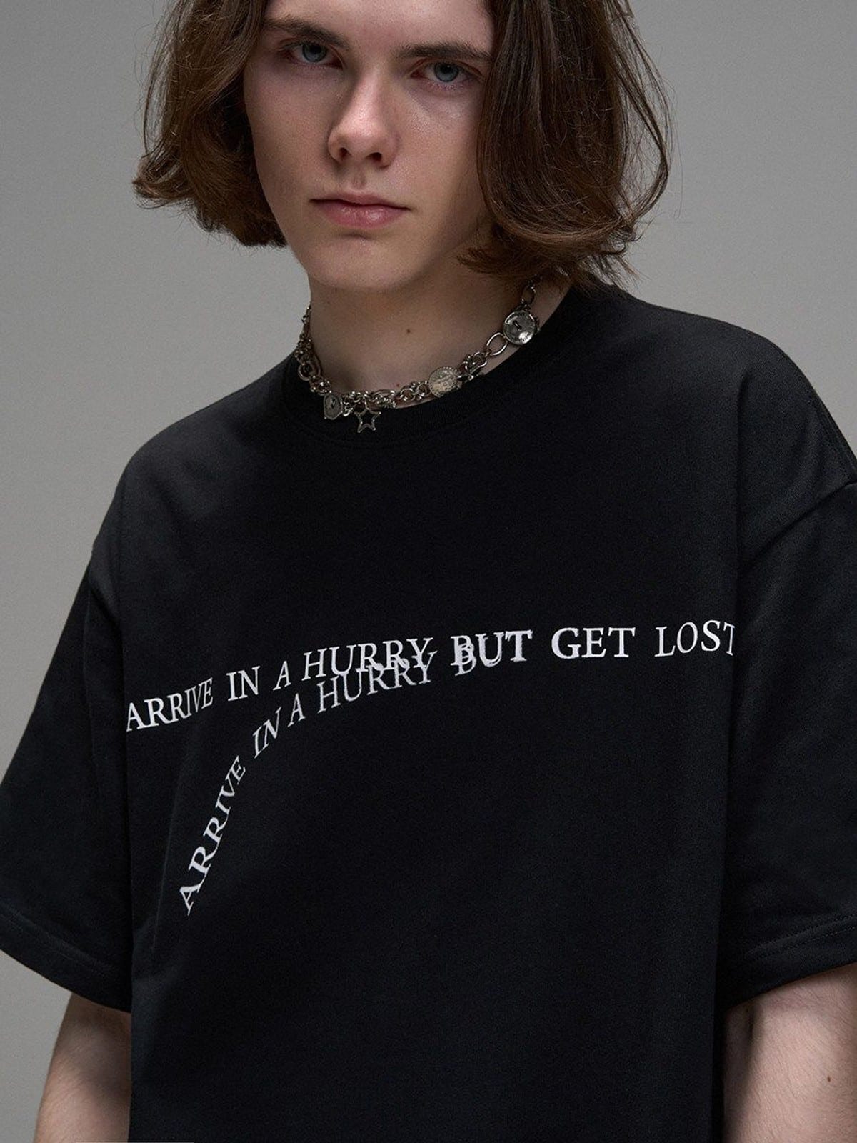LOSTCTRL Heavyweight Letter Print T Shirt in Black - On Male Model