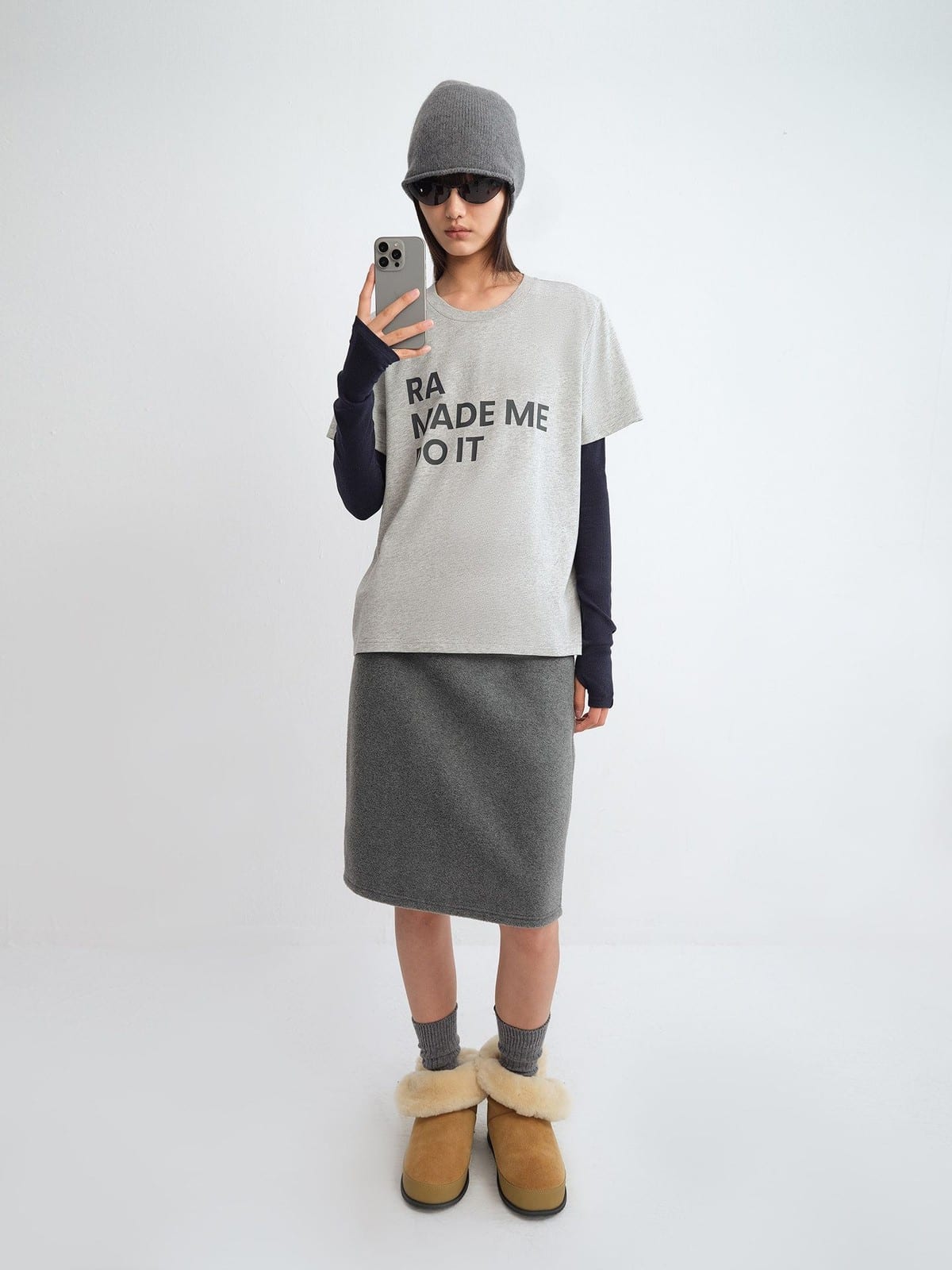 RARELY ALIKE Anniversary Slogan Cotton T Shirt in Gray - On Female Model