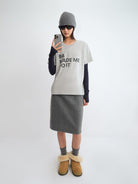 RARELY ALIKE Anniversary Slogan Cotton T Shirt in Gray - On Female Model