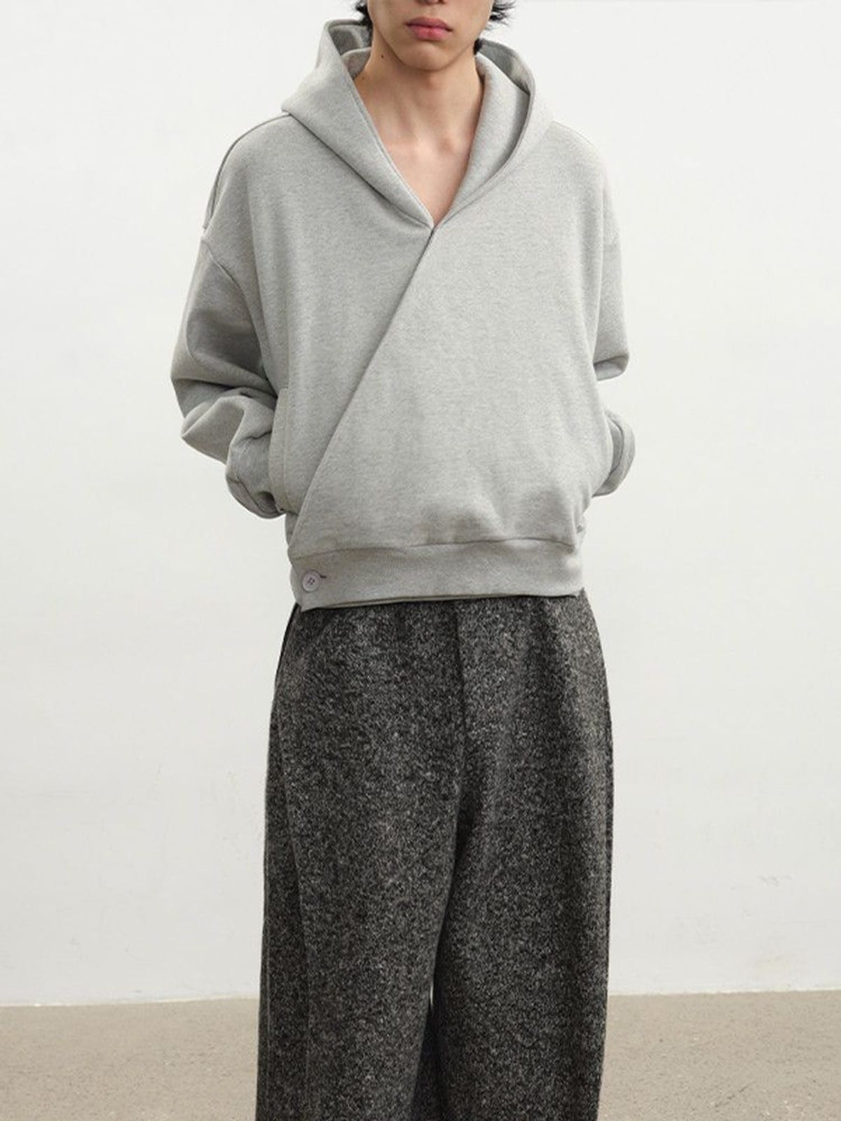 JCAESAR STUDIO Double Button Cross Collar Hoodie in Gray - On Male Model