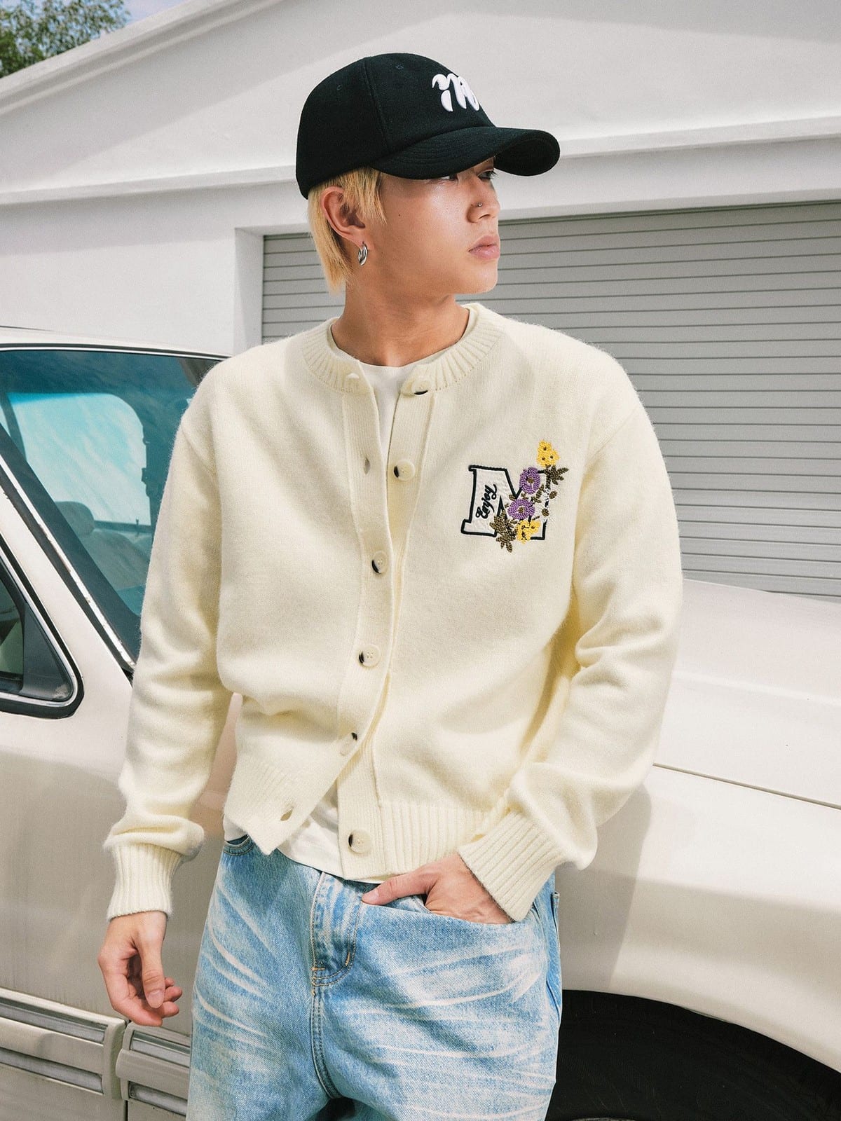 MEDM Floral Embroidered Knit Cardigan in Cream - On Male Model