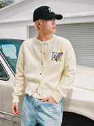 MEDM Floral Embroidered Knit Cardigan in Cream - On Male Model